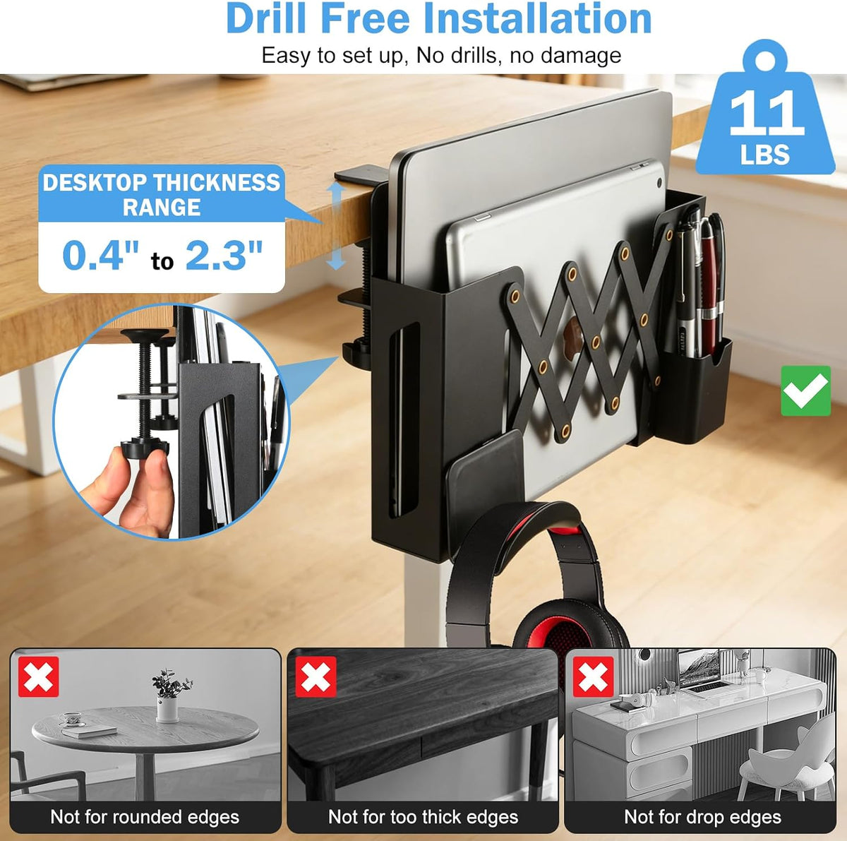 Desk Side Storage，Under Desk Clamp-on Vertical Laptop Holder,7-17 Inch Length Adjustable with Pen & Headphone Holder,No Drill Storage Shelf for Desk，Fits Table Edge 0.4" to 2.3"(Black) - Image 4