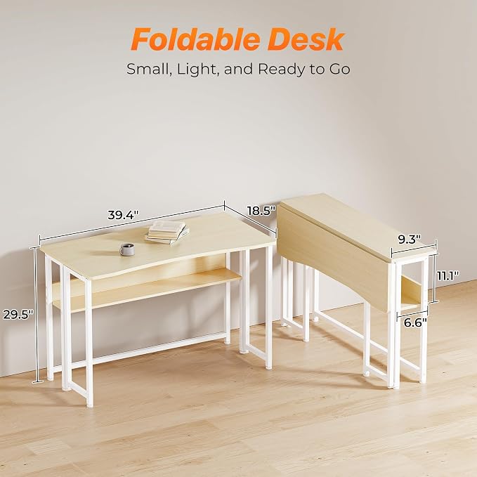 Huuger Folding Desk with Storage Shelf, 39.3 Inch Foldable Computer Table | Writing Work Office Computer Desk for Small Spaces, Space Saving Sofa Table for Couch, Easy to Fold, Oak - Image 2