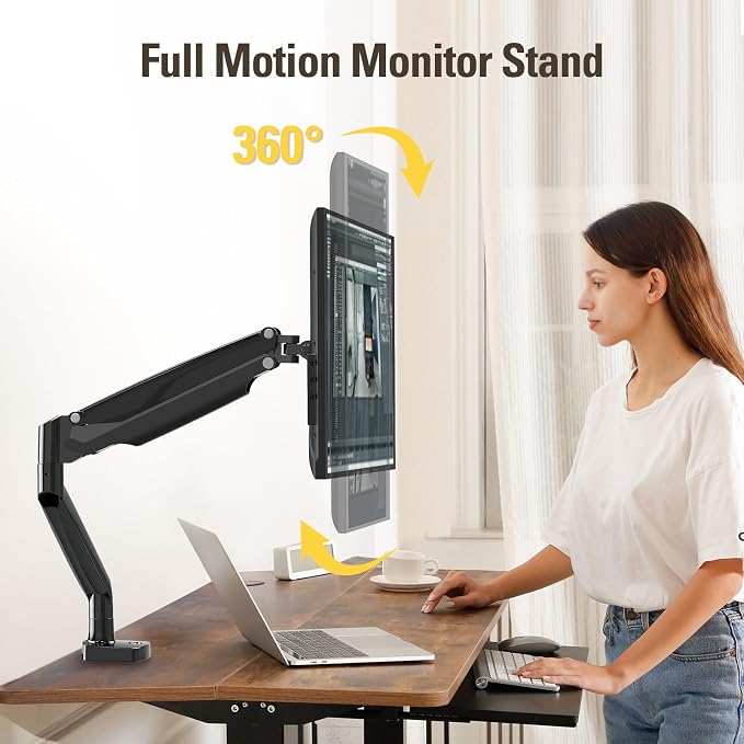 Single Monitor Mount Holds Screen up to 32", Height Adjustable Monitor Arm, Full Motion Computer Monitors Stand with Clamp/Grommet Base, VESA Mounts Fit 4.4-17.6lbs Computer, Black - Image 6
