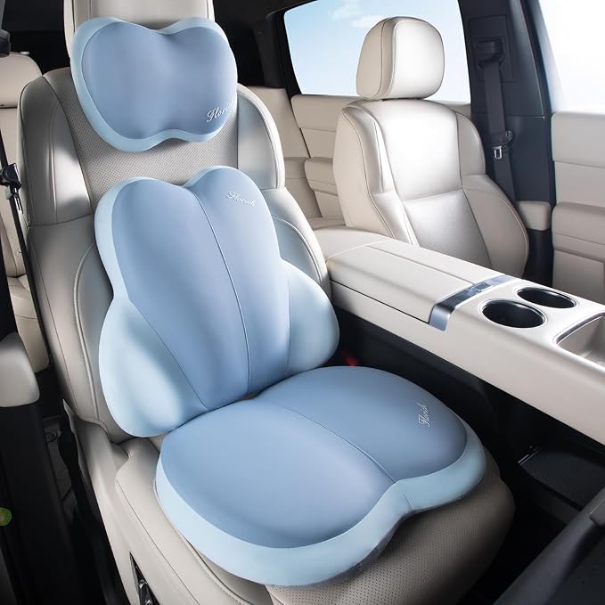 3 PCS Seat Cushion for Carseat Lumbar Support Pillow Car Neck Headrest Pillows Ultrathick Memory Foam Seat Pads Pressure Relief Back Cushion for Office Chair(Blue) by FLORICH