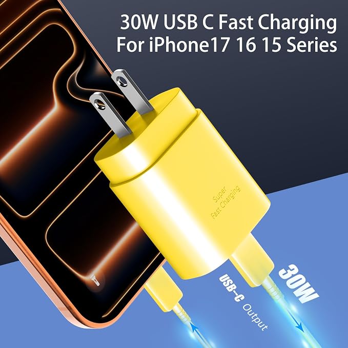 Phone 17 16 15 Charger Fast Charging,30W USB C Phone 17 16 15 Pro Max Charger Block &10FT Long Type C Cable Cord for i.Phone 17/Air/17 Pro/17 Pro Max/16/16 Plus/16 Pro/16 Pro Max/15/15 Pro Max,Yellow - Image 2