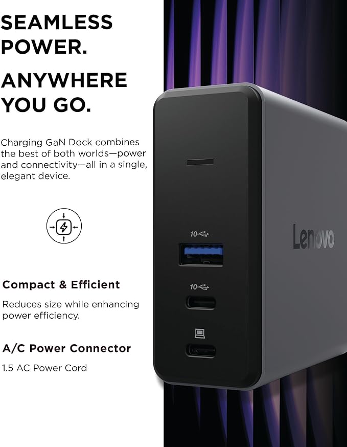 Lenovo GaN Charging Dock, Multiport Docking Station w/ 60W PD, HDMI, USB-C, USB-A, Micro SD, Power Adapter & Dock in One, Compact Design, Sustainable Materials, Home Office Gaming Dock Stand Console - Image 3