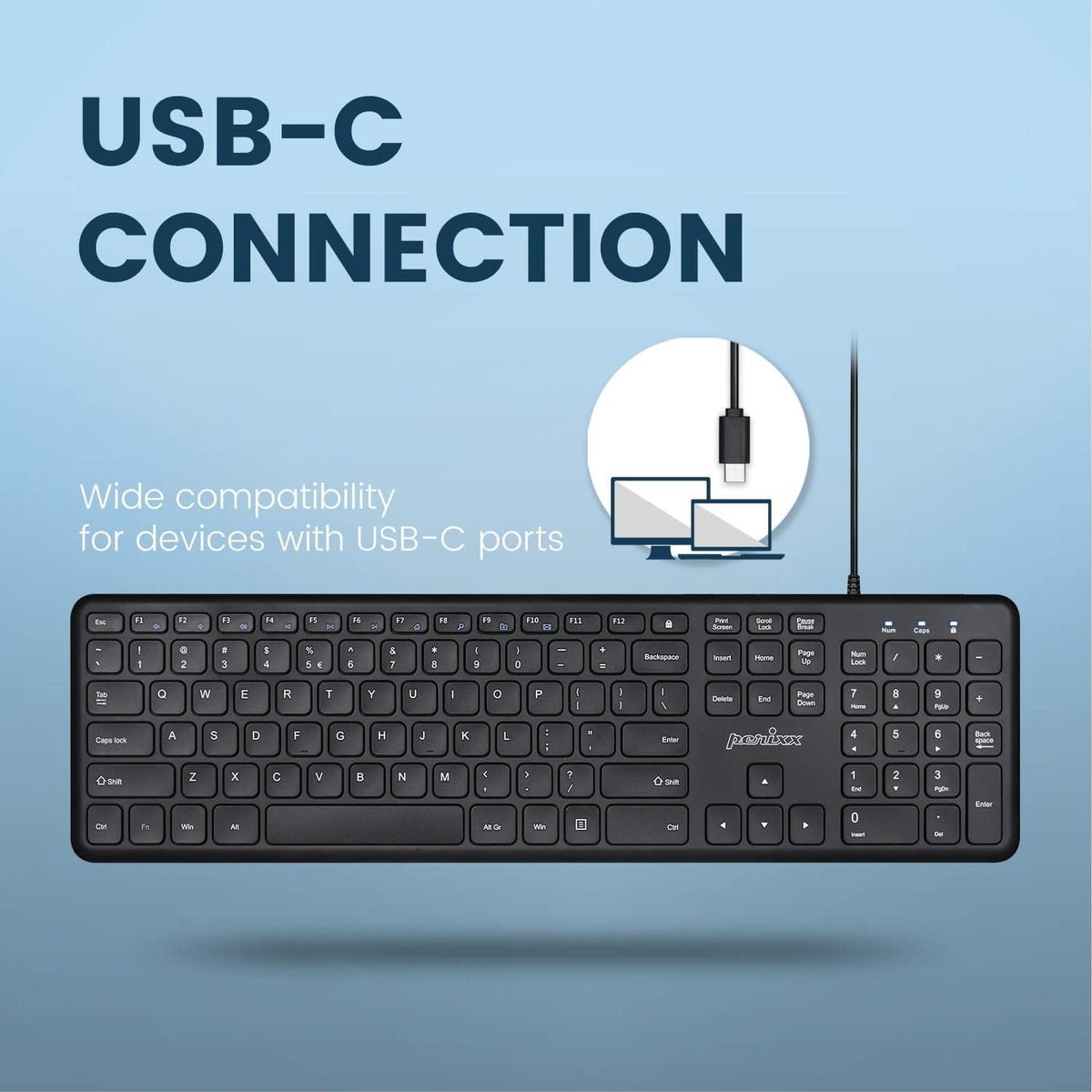 Perixx PERIBOARD-210C Wired Full-Size USB C Keyboard with Quiet Scissor Keys - Compatible with Windows, macOS, and Android Tablet and Laptops - Black - US English - Image 3