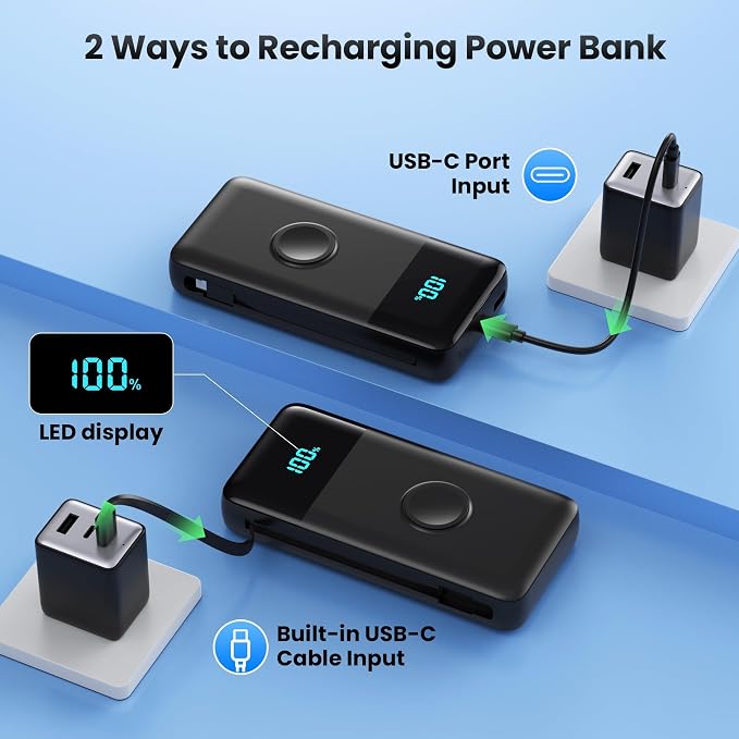 AONIMI Portable Charger 40800mAh Power Bank with 2 Built in Cables, 25W PD QC4.0 Fast Charging USB C Battery Pack, 5 Output 2 Input Phone Charger for iPhone 17/16/15,Android (Black) - Image 6