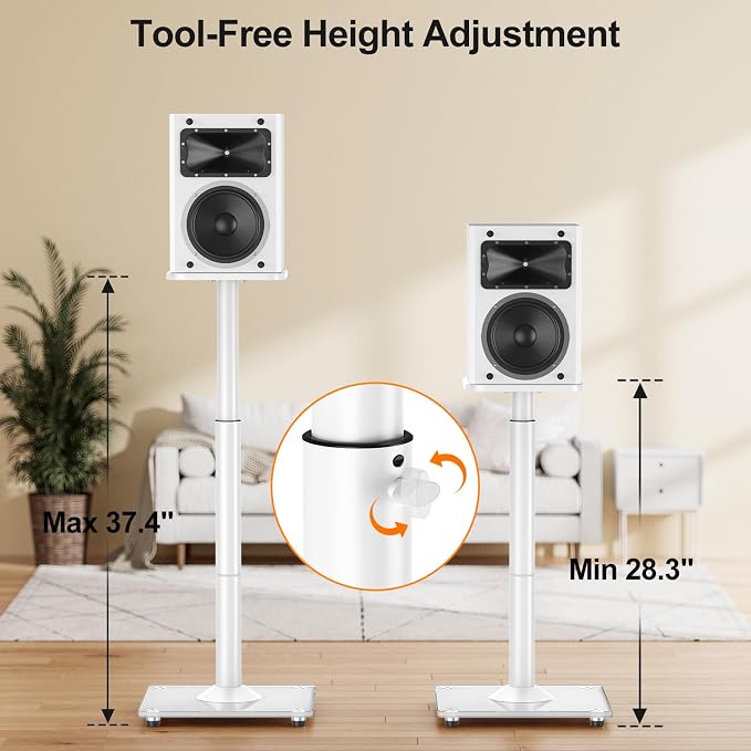 Speaker Stands Pair, 28"-37.4" Height Adjustable, Max 22 lbs, Glass Base | Surround Sound Speaker Stand with Cable Management, Universal Floor Stand for Bookshelf Satellite Studio Large Speaker, White - Image 2