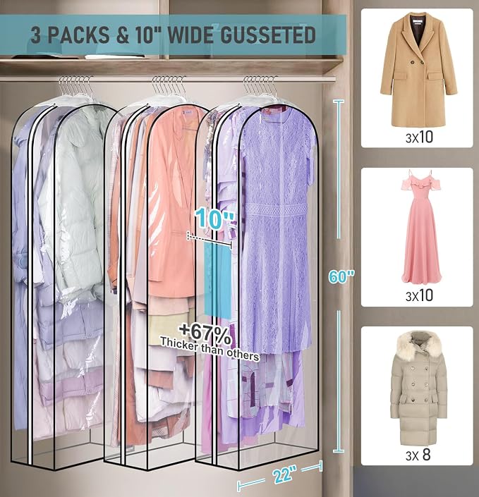 MISSLO 10" Gusseted All Clear Garment Bags for Hanging Clothes 60" Dress Bags for Gowns Long Fur Coat Closet Storage Covers, 3 Packs - Image 2