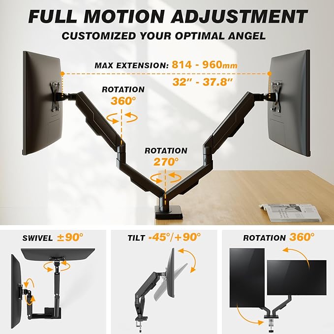 5Rcom Dual Monitor Stand for 17-34 Inch Computer Screens | Gas Spring Full Motion Dual Arms, Each Holds 22lbs, Fits 75/100mm VESA Mount - Image 9