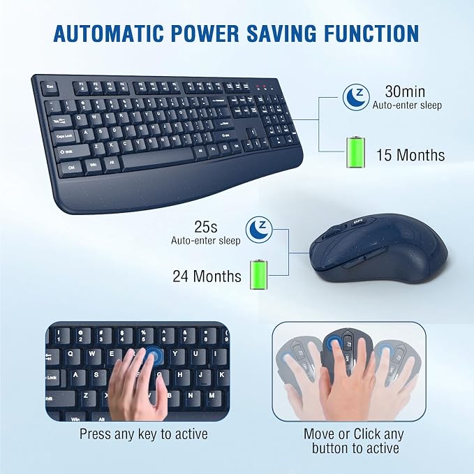Wireless Keyboard and Mouse Combo, EDJO 2.4G Full-Sized Ergonomic Computer Keyboard with Wrist Rest and 3 Level DPI Adjustable Wireless Mouse for Windows, Mac OS Desktop/Laptop/PC(Galaxy Blue) - Image 2