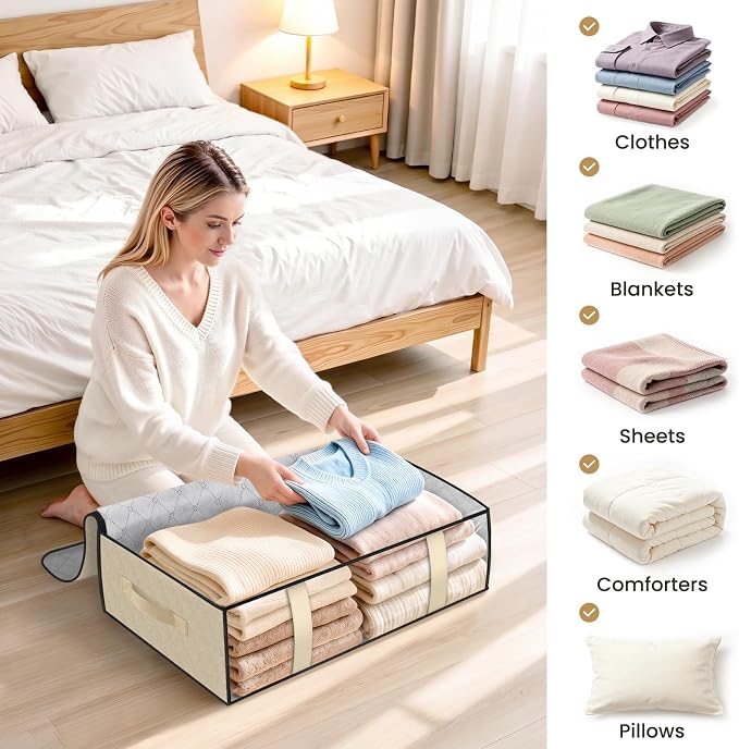 StorageRight Under Bed Storage Bags, 3 Pack, 40L, Beige | Breathable Non-Woven Fabric with a Clear Window and Zippered Top for Clothes, Comforters, Blankets and Seasonal Storage - Image 7