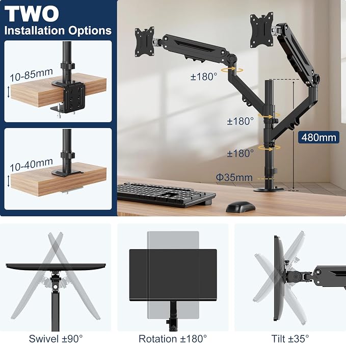 Dual Monitor Mount for 17-40'', Holds up to 26.4 lbs/arm | Vertical/Parallel Placement Monitor Desk Arms for 2 Monitors, with Clamp/Grommet Base, VESA Mount 75/100 mm - Image 5