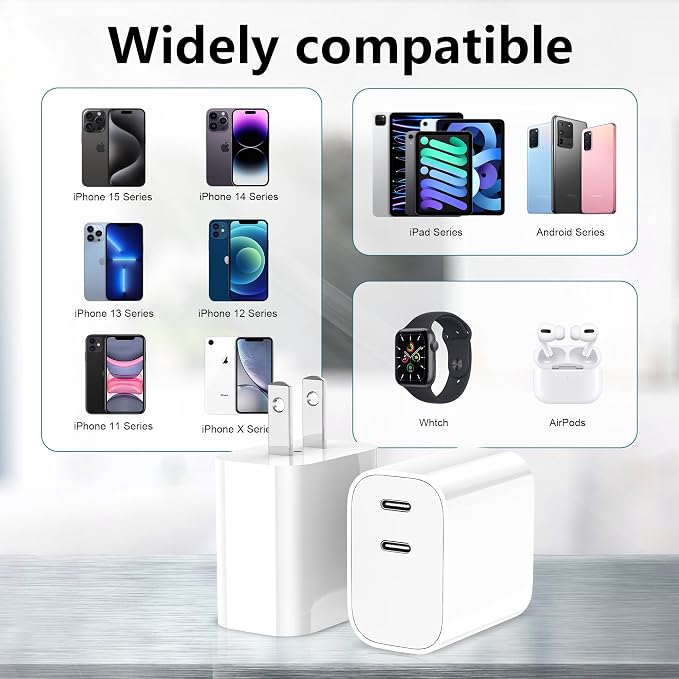USB C Charger Block 3 Pack, Dual Port 20W Fast Wall Plug | 20W PD fast charging USB C block for iPhone 17 16 15 14 13 12 11, iPad Pro, iPad Air, AirPods and Apple Watch. (White) - Image 6