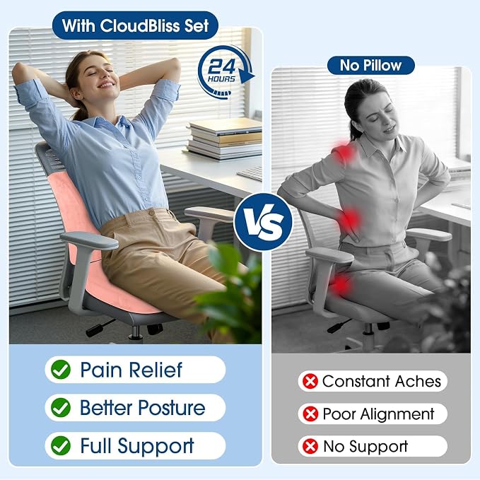 CloudBliss Ergonomic Seat Cushion & Lumbar Support Pillow Set, Pink, Large | Back Pain & Sciatica Relief, Memory Foam Support, Adjustable Straps, Machine Washable Velvet, Perfect for Office, Car, Gaming - Image 8