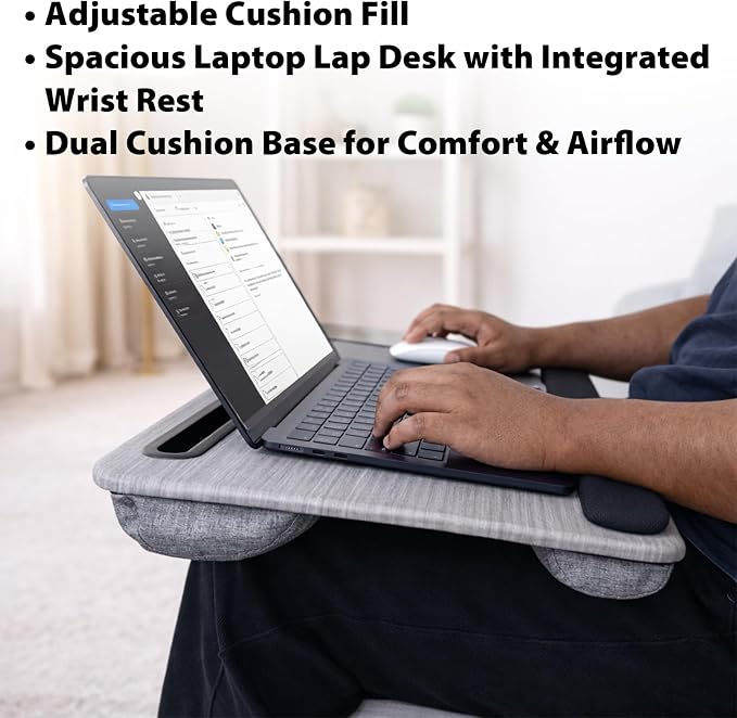 Cyberguys Comfort Lap Desk for Laptop up to 15.6 in – Black with Charcoal | Grey Wood Overlay with Mouse Pad, Phone & Tablet Slot, Dual Cushion Base, Wrist Rest & Carry Handle for Bed Desk Couch Sofa - Image 2