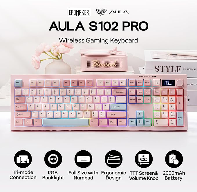 EPOMAKER Aula S102 PRO Membrane Gaming Keyboard w/TFT Screen & Volume Knob | Silent Keyboard w/ Number Pad for PC Game/Office, BT/2.4G/USB, RGB Backlit, Creamy Silicone Structure (Pink) - Image 2