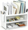 CiWiVOKi Desk Organizer with 4 File Slots and 2 Drawers, White | Desktop organizer with dual pen holders for storing files, mail, notebooks and office supplies in home or office use by CiWiVOKi