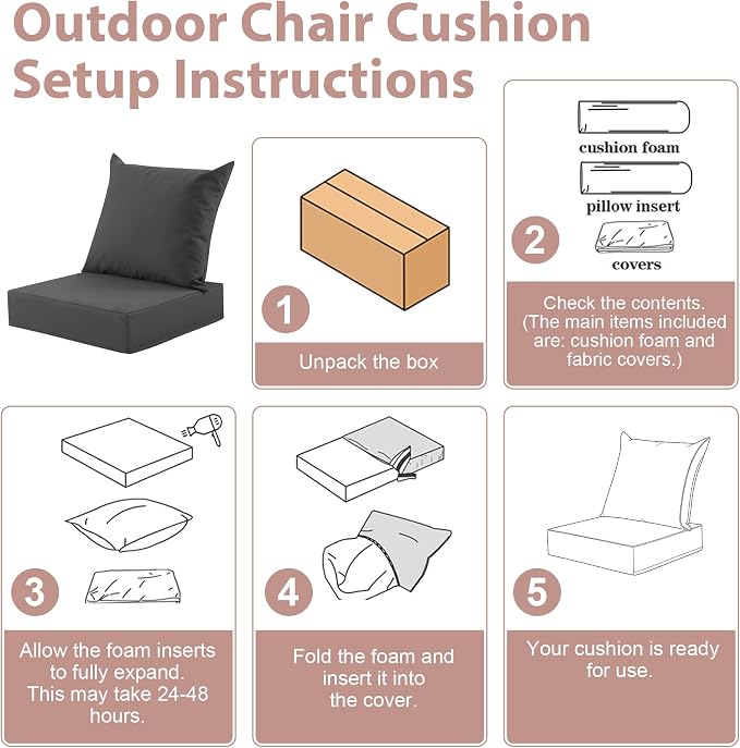 Outdoor Deep Seat Cushion Set, 24x24 Inch Water-Resistant & Fade-Resistant Outdoor Chair Cushions, Patio Furniture Cushions with Removable Cover for Patio Chair, Sofa, Dark Grey (Set of 6) - Image 7