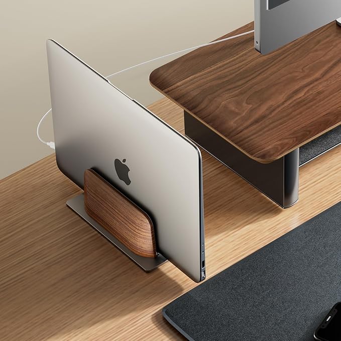 UPERGO Vertical Laptop Stand for Desk, Laptop Holder to Dock MacBook, MacBook Pro and Other Laptops, Black Walnut Wood | Solid Walnut & Aluminum, Adjustable 0.6"-1.4", Scratch-Resistant Pads, Anti-Slip Base, Fits iPad Dell HP - Image 4