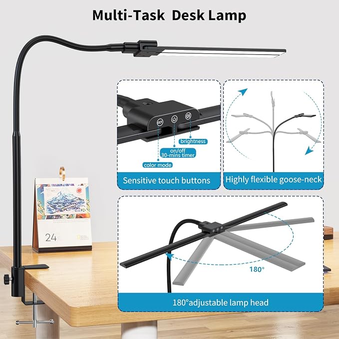 Desk lamp,Double Head LED Desk Lamp with Clamp,Architect Desk Lights for Home Office,Eye-Caring Desktop Office Lamp 4-Brightness 4-Color Table Lamp for Monitor Workbench Study Reading | Eye-Caring Desk Lights for Home Office Monitor Computer Workbench,... - Image 7