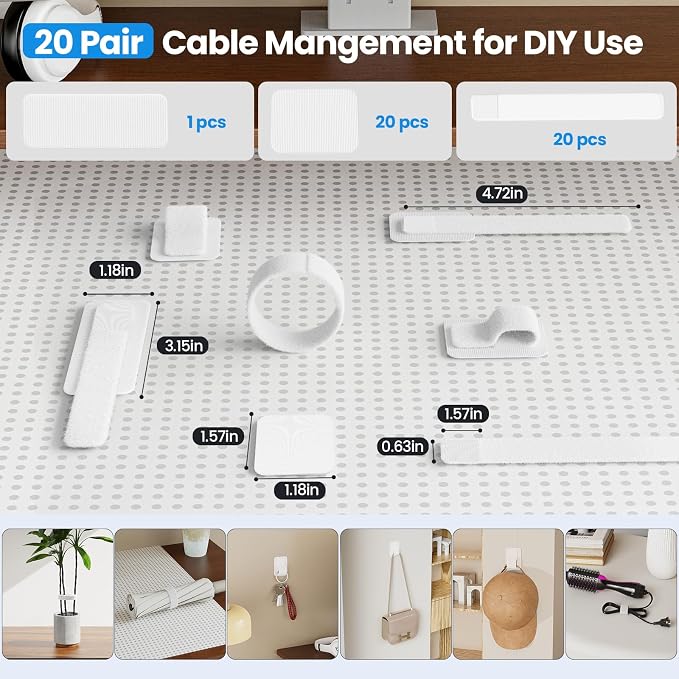 Cable Management Under Desk, 【Up to 15 Cord】【Enhanced Wire Holder】 Reusable Cord Organizer Holder, Adjustable Hook and Loop Cable Ties, Wire Clips Under Table Hider, 20 Pair(White) - Image 6