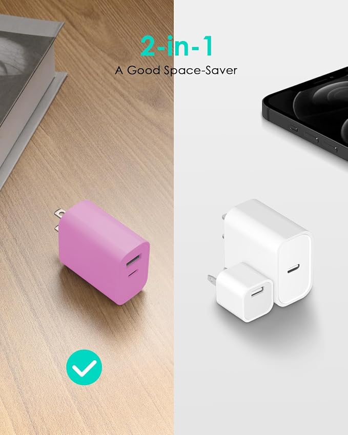 [4 Pack] USB C Charger Block Fast Charging Multiport Adpater [PD 20W USB-C & QC 3.0 USB-A Port] for iPhone 17/16/15/14/13/12/11/X/9, iPad, Galaxy, Google & More [Pink] - Image 4