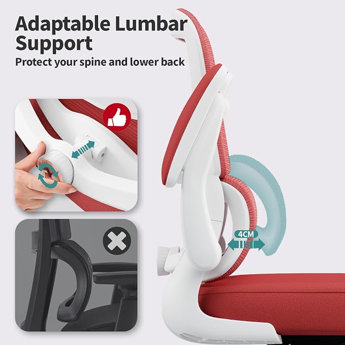 TRALT Office Chair - Ergonomic Desk Chair with Adjustable Lumbar Support, Mesh Computer Chair, Executive Chair for Home Office Comfortable Lumbar Support (1, White Red) - Image 4