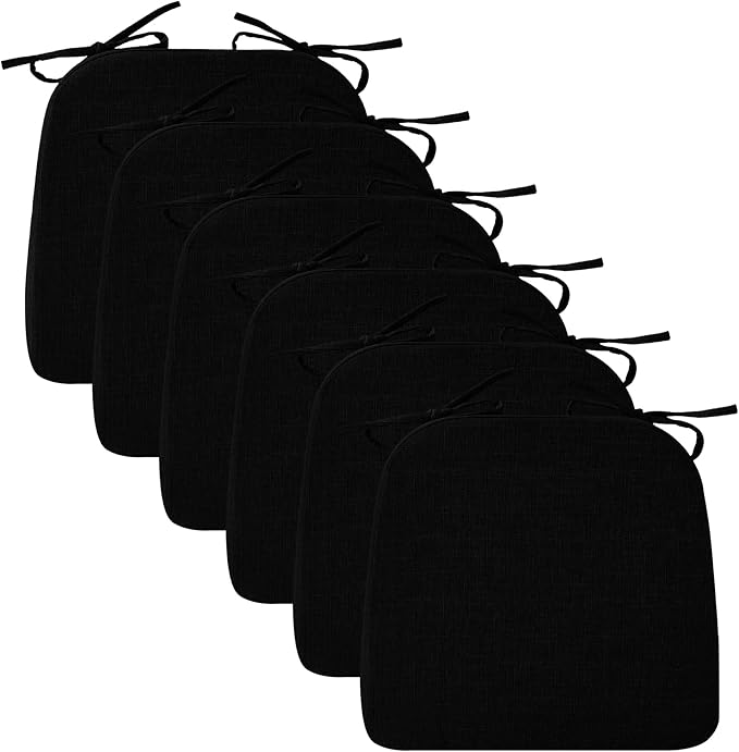 Ruqmuis Chair Cushions for Dining Chairs, 2" Thick Seat Cushions for Kitchen Chairs, D-Shaped Chair Pads with Washable Cover, Ties and Non Slip Backing, 17'' x 16'', Set of 6, Black by Ruqmuis