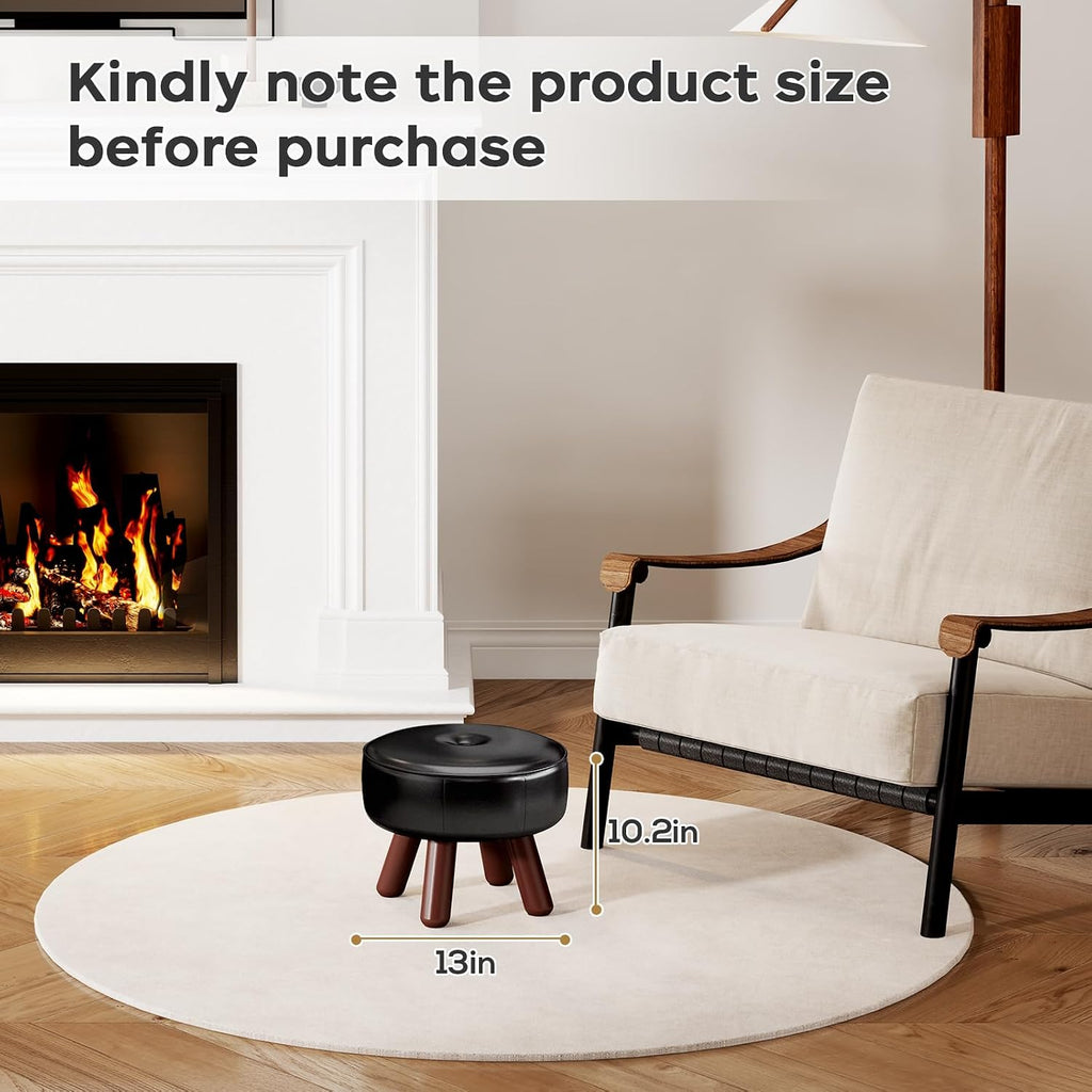 13in Small Round Foot Stool, Faux Leather Footrest, Black Footstool Ottoman - Image 4