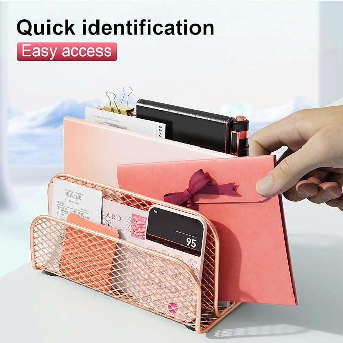 gianotter Mail Organizer Countertop | Mail Sorter with 3-Slot Mail Holder Letter Holder for Desk Bill Organizer for Office Receipts and Letter Storage(Rose Gold) - Image 4