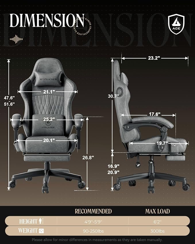 GTPLAYER Gaming Chair with Speakers, Video Game Chairs with Footrest, PC Gamer Chairs for Adults - Padded High Back Ergonomic Reclining Silla Gamer, Linkage Armrest, Ace Pro, Grey - Image 3