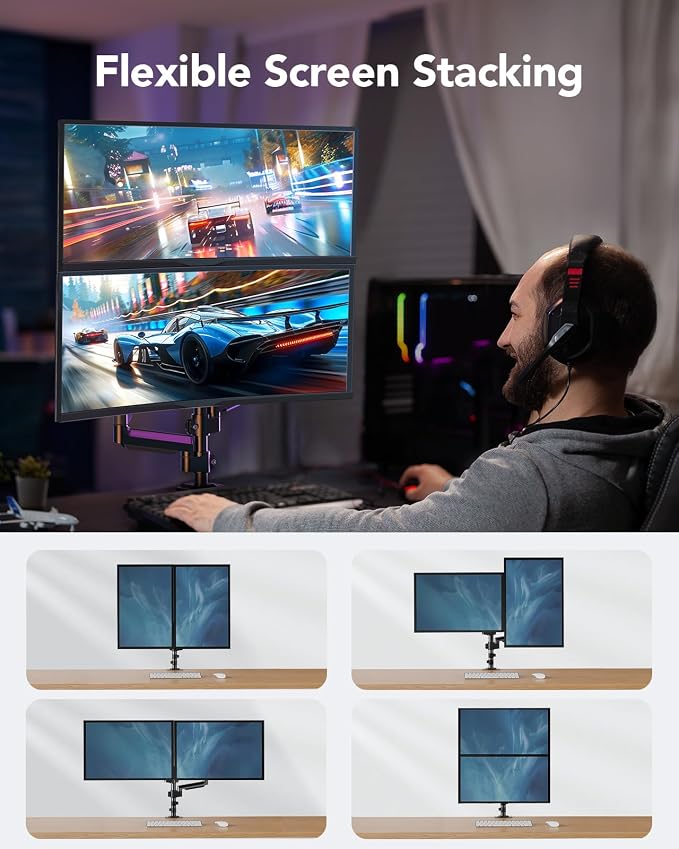 HUANUO Dual Monitor Mount up to 32 inches Screens, Taller Monitor Stand Hold 19.8lbs, Dual Monitor Arm Desk Mount Easy Adjustable with Tilt, Swivel, Rotation, VESA 75/100mm - Image 3
