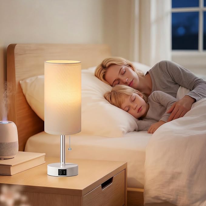 White Bedside Table Lamp for Bedroom - Small Nightstand Lamp for Girls | 3 Color Temp, USB A+C Ports, LED Bulb Included, Soft White Fabric Shade, Matte White Metal Base, 14" Desk Lamp for Kids Dorm - Image 7