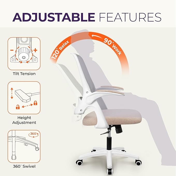 NEO CHAIR Office Desk Chair, Ergonomic Mesh with Flip-Up Armrests, Beige | Lumbar Support, Height Adjustment, 360° Swivel and Rolling Base, Space-Saving Design for Home Office, Vanity or Study - Image 5