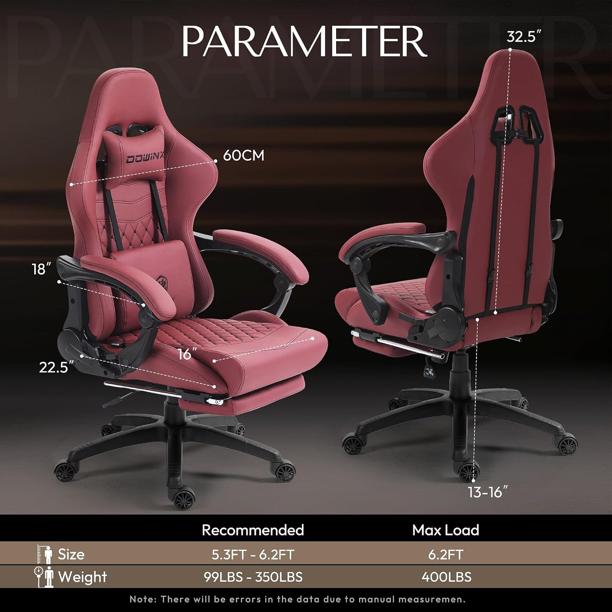 Dowinx Big & Tall Vintage Gaming Chair for Adults, 400 lb Capacity Heavy Duty Ergonomic Computer Chair with Massage Lumbar, Footrest & Easy Side Recline, Red - Image 3
