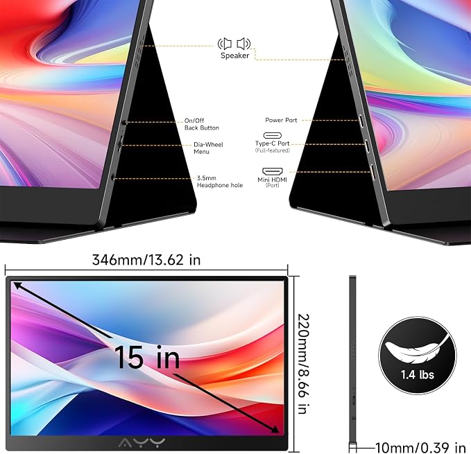 AYY Portable Monitor for Laptop 15 Inch, FHD 1080P USB-C HDMI Travel Monitor External for Computer, Second Display HDR IPS Gaming Monitor Extender for PC MAC Phone PS4/5 Xbox Switch, Built-in Speakers - Image 8