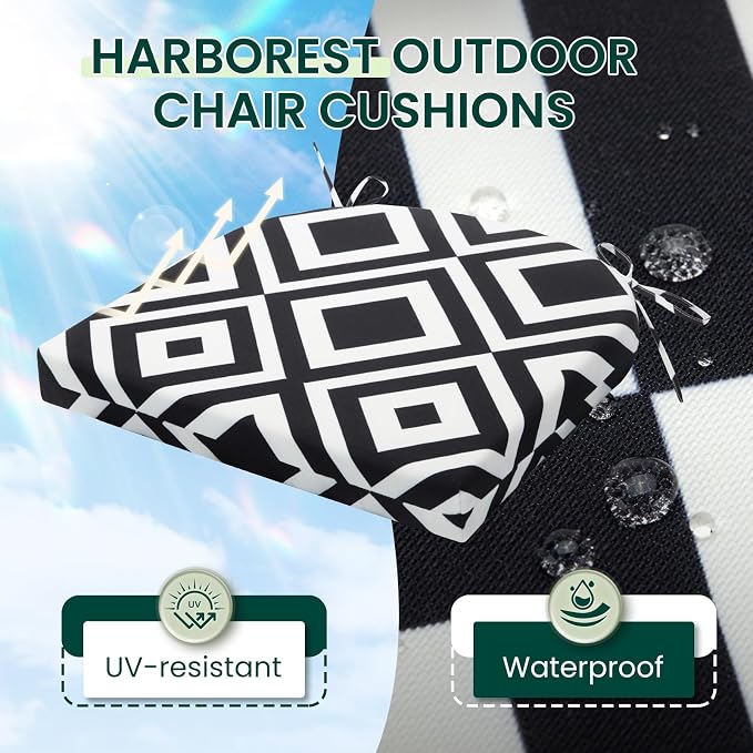 HARBOREST Outdoor Chair Cushions Set of 6, Water Resistant Patio Chair Cushions with Ties, Outdoor Seat Cushions for Patio Furniture, 17"x16"x2", Black/White Diamond - Image 2
