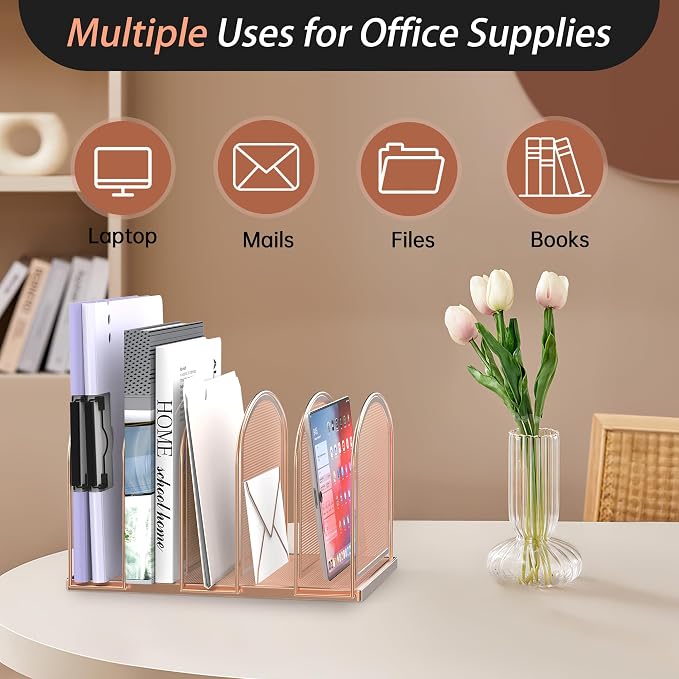 5-Section File Organizer for Desk, Metal File Folder Holder, Rose Gold | 5 Vertical Compartments with Sturdy Metal Base for Office Documents Books Magazines and Laptop - Image 6