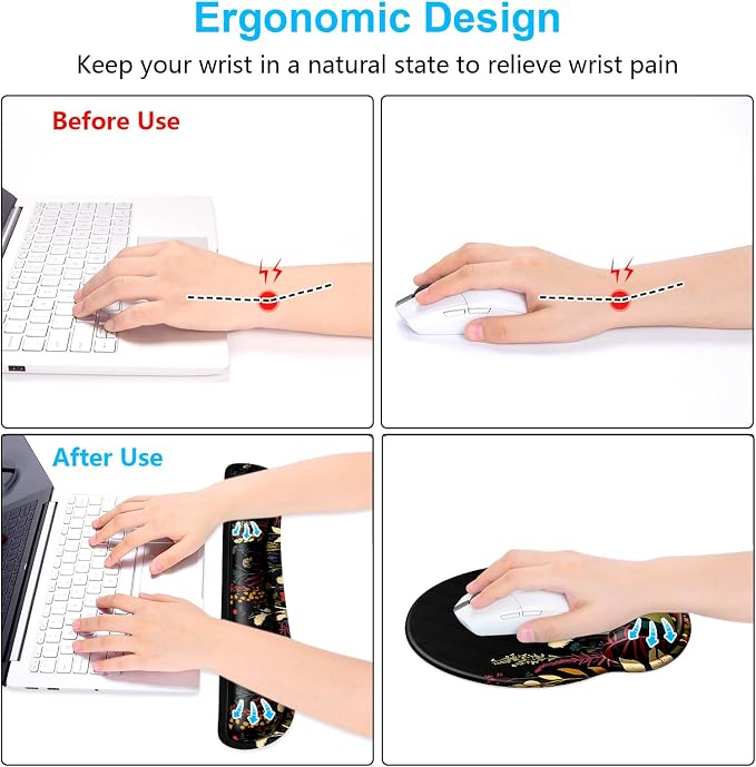 Dapesuom Keyboard Wrist Rest and Mouse Pad with Wrist Support, Cute Memory Foam Cushion for Keyboard and Mouse Set, Desktop Pad Rests with Non Slip Base for Easy Typing & Pain Relief, Floral Cartoon - Image 4