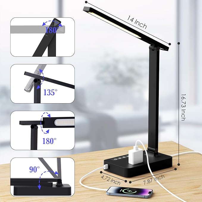 Infiway Desk Lamp with USB Charging Port: LED Desk Lamps for Home Office - 1 USB-A, 1 Type-C Charging Port, 2 AC Power Outlets, Touch Control Dimmable 5 Color 5 Brightness, Night Light(Black) - Image 7