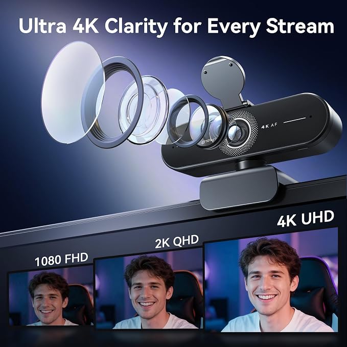 EMEET C60E 4K Webcam for Streaming & Gaming，PDAF Autofocus | Dual Mics, Live Streaming Camera with Auto Light Correction, Plug & Play USB Webcam for PC & Mac - Image 2