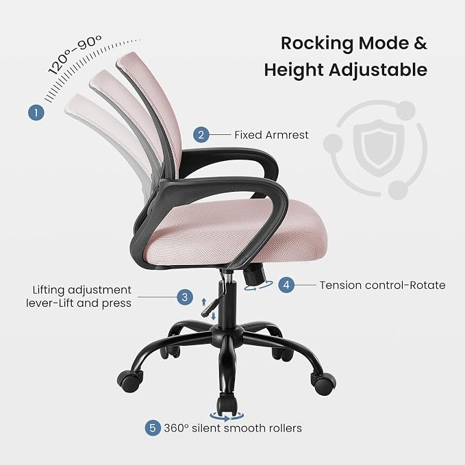 DUMOS Ergonomic Office Chair, Home Desk Lumbar Support Chair | Mid Back Mesh, Height Adjustable Fixed Armrest, Rocking Mode 360 Swivel Computer Gaming, Pink - Image 6