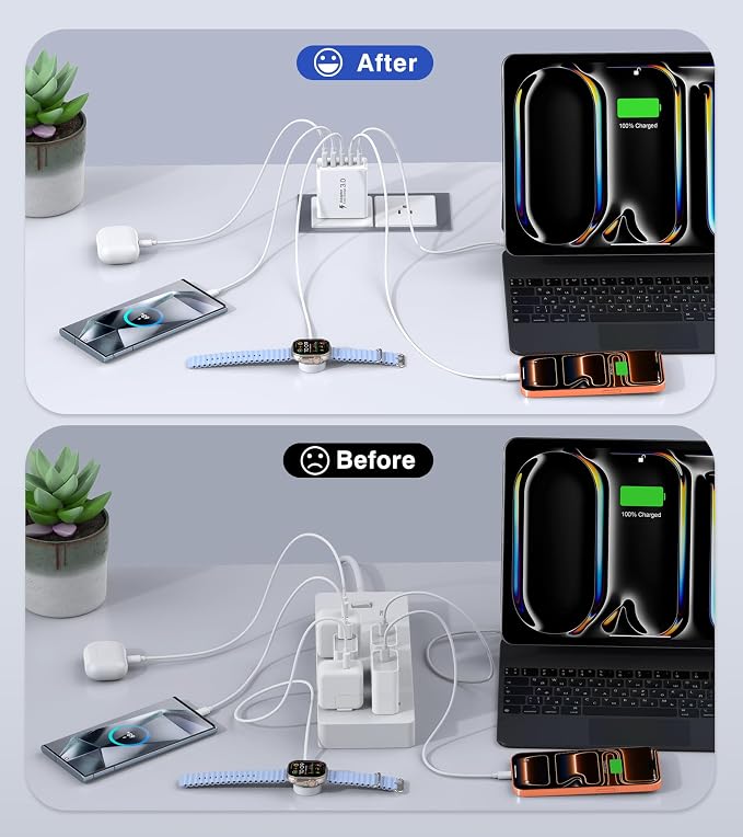 2Pack USB C Fast Charger Block,60W 5-Port USB Wall Charger Brick,2 USB A & 3 USB C PD3.0 Power Adapter Multiport Type C Charging Plug for iPhone 17/16/15/14,Pad Mini/Pro,AirPods 4,GalaxyS25(White) - Image 5