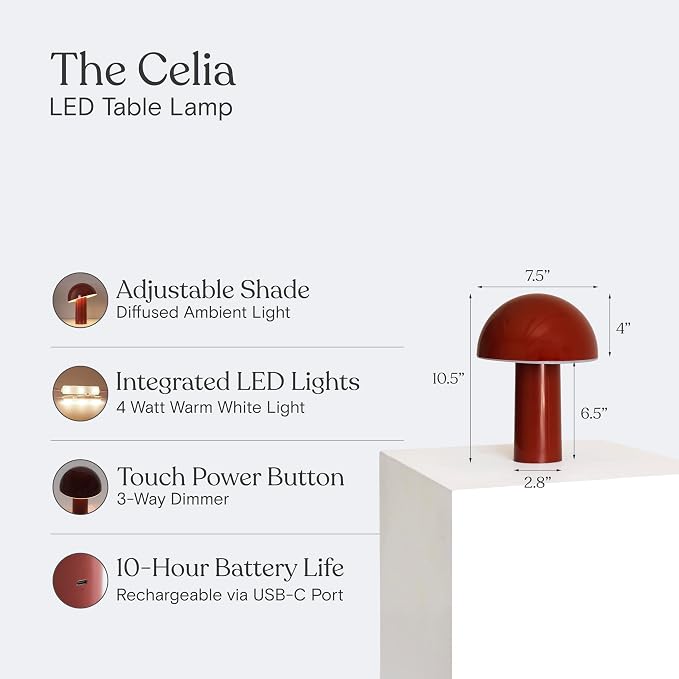 Brightech Celia Mood Lamp – 10" Touch-Controlled Mushroom Table Lamp, Cordless & Dimmable LED, Portable & Rechargeable Bedside Night Light, Sustainable Recycled Modern Patio Lamp for Home Décor – Red - Image 3