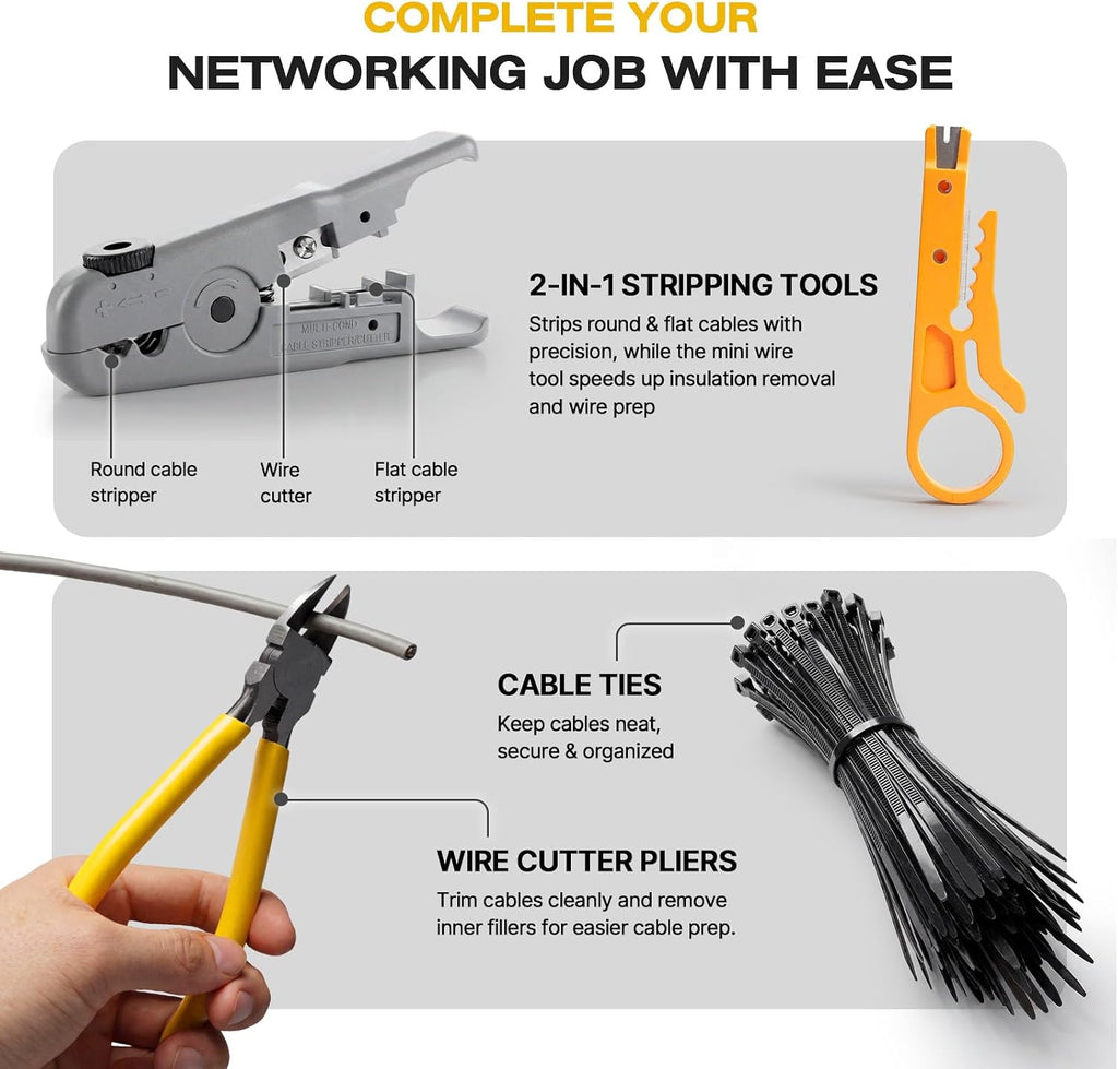 YQE RJ45 Crimp Tool Kit, Pass Through Ethernet Crimper, Crimping Tool, Network Tool Kit for Cat5, Cat5e, Cat6, RJ45, RJ11, RJ12 w/Carrying Case, Cable Tester, Stripper, Cutter, 50 Connectors & Boots - Image 5