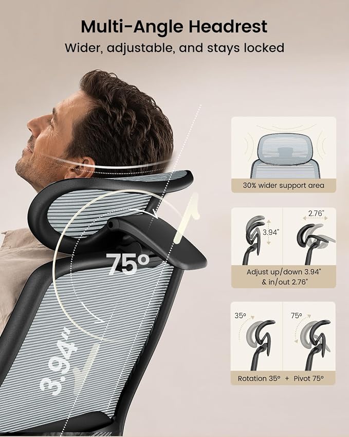 ProtoArc EC200 Pro Ergonomic Mesh Office Chair for Remote Work, Gray | 4D Armrests, Adjustable Lumbar & Seat Depth, 3D Headrest, Ergonomic Desk Chair for Home Office Programmers - Image 6