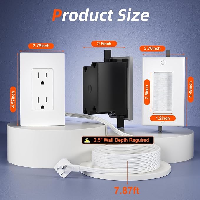 in Wall Cable Management Kit 2 AC TV Outlet Wall Kit 7.8ft Cord Power Relocation in Wall Outlet Extender for Living Room Bedroom and Home Theater - Image 5