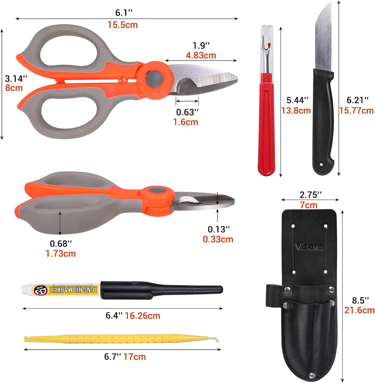 Upgraded 6 Pcs Cable Splicer Kit with Genuine Leather Pouch, Electrician Scissors, Splicing Knife, Buffer Tube Ripper, Spudger & Deep Hole Marker, Heavy Duty Telecom Tool Set for Technicians - Image 2