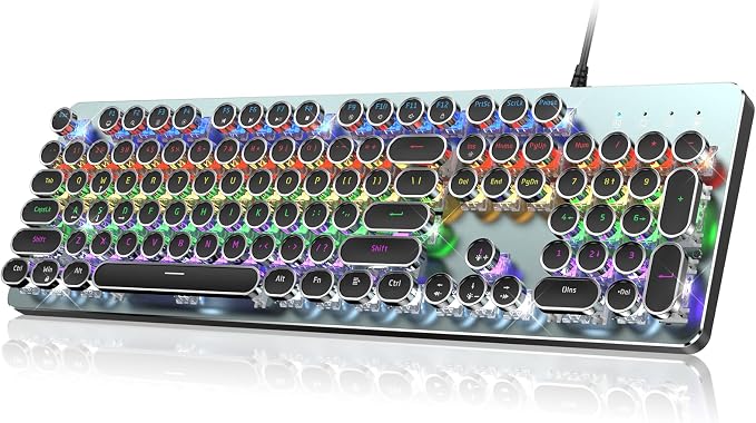 Typewriter Wired Mechanical Gaming Keyboard, Blue Switch LED Backlit | Metal Panel, Retro Punk Round Keycaps, 104 Keys Wired Keyboard for PC Laptop Mac Gamer, LED Rainbow Backlit,RisoPhy by RisoPhy