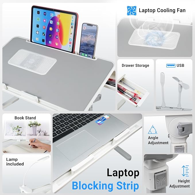 Adjustable Laptop Lap Desk with Cooling Fan USB Light for Adults 56x32cm,Grey - Image 3