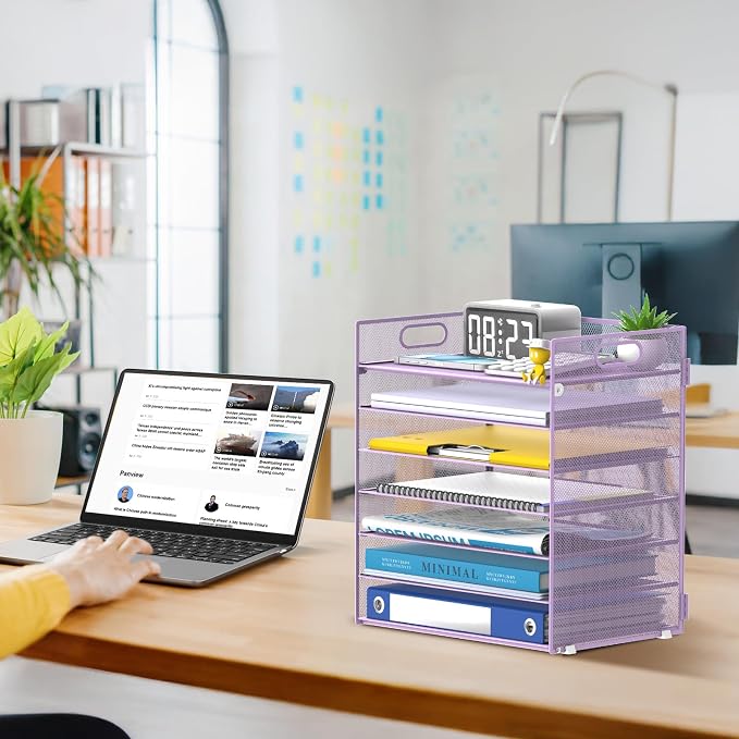 7 Tier Paper Organizer for Desk with Mesh Letter Trays and Handle Purple | Purple Desk File Organizer with Handle for Sorting Papers, Files, Folders, Mail, Bills and Office Supplies - Image 7