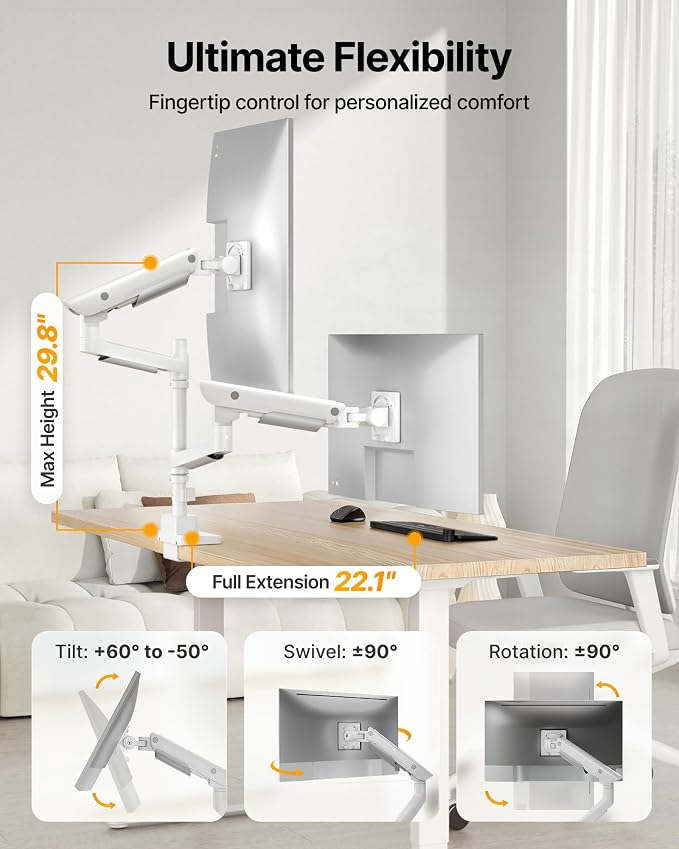 monTEK Dual Ultrawide Monitor Arm for 17-57" Screens, USB, White | USB-A/C ports, pneumatic lift, quick-release VESA 75/100 plates, clamp/grommet bases and hidden cable routing - Image 5